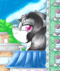 Size: 2523x3000 | Tagged: safe, artist:bridgettewolf, oc, oc only, oc:oretha, pony, building, giant pony, macro, solo, traditional art