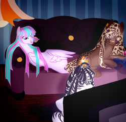 Size: 3600x3500 | Tagged: artist needed, source needed, safe, edit, oc, oc only, earth pony, pegasus, pony, couch, indoors, lying down, male, relaxing, sitting, stallion, stallion oc, television, trio, video game