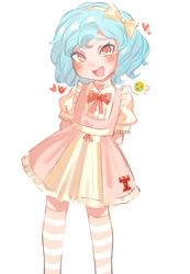 Size: 1200x1730 | Tagged: safe, artist:p0kan2, cozy glow, demon, human, g4, :d, arm behind head, blushing, bowtie, chipped tooth, choker, clothes, cowboy shot, crying, dress, emoji, freckles, frilly dress, hair ribbon, heart, humanized, looking at you, open mouth, open smile, question mark, ribbon, shirt, short sleeves, simple background, smiling, socks, solo, striped socks, thigh highs, white background, 😭