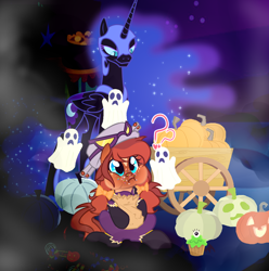 Size: 1208x1220 | Tagged: artist needed, source needed, safe, nightmare moon, oc, oc only, earth pony, ghost, pony, undead, g4, candy, clothes, concave belly, confused, costume, dark, duo, eating, female, food, full mouth, gift art, halloween, halloween costume, height difference, holiday, mare, mascot, nightmare night, physique difference, pumpkin, shadowbolts, slender, tall, thin