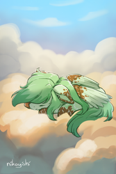 Size: 1280x1920 | Tagged: safe, artist:nikoyishi, oc, oc only, oc:pistachio winter, pegasus, cloud, on a cloud, outdoors, signature, sky, sleeping, sleeping on a cloud, solo