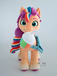 Size: 1500x1985 | Tagged: safe, artist:meplushyou, sunny starscout, pony, g5, cup, cute, drink, front view, irl, mane stripe sunny, mouth hold, photo, plushie, smoothie, solo, straw, sunny's bag, sunnybetes, unshorn fetlocks