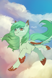 Size: 1280x1920 | Tagged: safe, artist:nikoyishi, oc, oc only, oc:pistachio winter, pegasus, cloud, flying, outdoors, signature, sky, solo