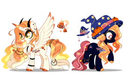 Size: 1280x766 | Tagged: safe, artist:dixieadopts, oc, oc only, oc:caramel curse, oc:wicked sweet, alicorn, earth pony, pony, adoptable, alicorn oc, anklet, candy, candy in hair, colored hooves, colored horn, colored horns, colored pupils, colored wings, colored wingtips, cousins, cuffs (clothes), duo, duo female, ear piercing, earring, earth pony oc, ethereal mane, ethereal tail, eye clipping through hair, eyeshadow, female, fishnet clothing, food, freckles, golden eyes, gradient mane, gradient tail, halloween, hat, holiday, hoof on chest, hooves, horn, jewelry, leg freckles, lollipop, magical lesbian spawn, makeup, mare, mismatched hooves, mismatched mane and tail, multicolored eyes, multicolored horn, multiple horns, offspring, open mouth, open smile, orange eyes, parent:applejack, parent:daybreaker, parent:fluttershy, parent:princess celestia, parent:princess luna, parents:flutterlestia, parents:lunajack, piercing, pink eyes, ponytail, pumpkin, raised hoof, shiny hair, shiny hooves, simple background, smiling, sparkly mane, sparkly tail, spread wings, standing on three hooves, standing on two hooves, starry eyes, starry mane, starry tail, tail, transparent background, watermark, wingding eyes, wings, witch hat, yellow eyes