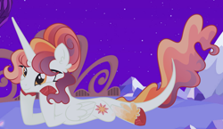 Size: 1280x741 | Tagged: safe, artist:monochrome-sunsets, princess celestia, pony, g4, alternate design, lying down, night, prone, solo