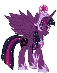 Size: 452x573 | Tagged: safe, artist:qjosh, twilight sparkle, alicorn, pony, g4, big crown thingy, clothes, corrupted element of harmony, corrupted element of magic, darkened coat, element of harmony, element of magic, eyeshadow, female, horn, jewelry, makeup, mare, nightmare twilight, nightmarified, peytral, regalia, shoes, simple background, solo, spread wings, starry hair, tiara, transformation, transformation sequence, twilight sparkle (alicorn), white background, wings