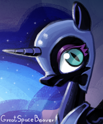 Size: 2951x3542 | Tagged: safe, artist:greatspacebeaver, nightmare moon, alicorn, pony, g4, bust, female, helmet, mare, portrait, signature, slender, slit pupils, solo, thin