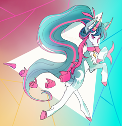 Size: 1983x2050 | Tagged: safe, artist:destiny_manticor, oc, oc only, oc:crimson watermelon, ghoul, original species, pony, undead, abstract background, bone tail, chest fluff, collar, ear fluff, ear piercing, earring, fangs, female, goat horns, gradient background, hooves to the chest, horns, jewelry, long mane, looking at you, mare, piercing, raised hooves, solo, spikes, thin, triangle, two toned mane, unshorn fetlocks