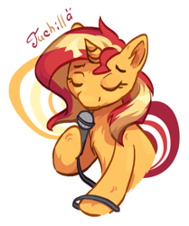 Size: 903x1080 | Tagged: safe, artist:ju4111a, sunset shimmer, pony, unicorn, rainbow rocks 10th anniversary, g4, chest fluff, ear fluff, eyes closed, horn, microphone, raised hoof, sad face, simple background, solo, white background