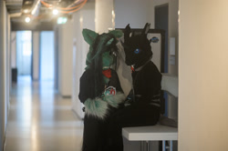 Size: 2560x1703 | Tagged: oc name needed, safe, oc, oc only, changeling, human, unicorn, galacon, 2022, corridor, duo, fursuit, galacon 2022, horn, indoors, irl, irl human, photo, ponysuit, unicorn oc