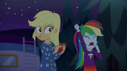 Size: 1920x1080 | Tagged: safe, artist:octosquish7260, edit, edited screencap, screencap, applejack, rainbow dash, human, equestria girls, equestria girls specials, g4, my little pony equestria girls: sunset's backstage pass, alternate clothes, applejack is best facemaker, cellphone, clothes, duo, duo female, female, nightgown, pajamas, phone, rainbow dash always dresses in style, yawn