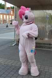 Size: 600x900 | Tagged: safe, pinkie pie, g4, 2012, desucon, fursuit, irl, outdoors, photo, ponysuit, solo