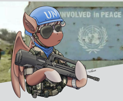 Size: 3382x2791 | Tagged: safe, artist:buckweiser, oc, oc:penny banks, pegasus, pony, blonde, blue helmet, blue scarf, bust, clothes, commission, famas, french, guarding, history, meme, outdoors, ponified, south africa, sunglasses, uniform, united nations, watch, weapon, wristwatch