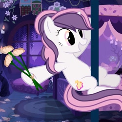 Size: 1280x1280 | Tagged: safe, artist:mia flaffs, oc, oc only, oc:sweetieck dreams, pony, unicorn, mlp fim's fourteenth anniversary, g4, bed, cute, female, filly, flag, flower, foal, horn, leaves, magic, mare, not sweetie belle, ocbetes, solo, unicorn horn, window