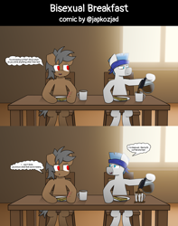 Size: 5120x6507 | Tagged: safe, artist:japkozjad, oc, oc only, oc:hammerhead, oc:long shores, earth pony, absurd file size, breakfast, coffee, coffee pot, comic, dialogue, duo, duo male, earth pony oc, food, indoors, male, morning, mug, plate, pouring, sandwich, sitting, stallion