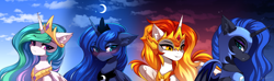 Size: 3412x1009 | Tagged: safe, artist:airiniblock, daybreaker, nightmare moon, princess celestia, princess luna, alicorn, pony, g4, armor, bat wings, blushing, chest fluff, cloud, crown, cute, duality, ear fluff, evil counterpart, eye clipping through hair, eyebrows, eyebrows visible through hair, fangs, female, horn, icon, jewelry, moon, night, outdoors, regalia, royal sisters, siblings, sisters, sky, solo, sunset, wingding eyes, wings