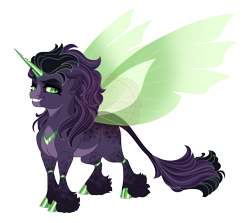 Size: 4600x4100 | Tagged: safe, artist:gigason, oc, oc only, oc:darkling, changepony, hybrid, g4, absurd resolution, adoptable, chipped horn, cloven hooves, coat markings, colored, colored belly, colored hooves, colored horn, colored pinnae, colored pupils, colored sclera, colored tail, colored wings, countershading, dappled, ear fluff, eye markings, eyebrows, facial markings, fangs, female, female oc, fetlock tuft, flat colors, glowing, glowing mane, glowing tail, glowing wings, gradient wings, green eyes, green hooves, green pupils, green sclera, grin, hooves, horn, hybrid oc, insect wings, interspecies offspring, leonine tail, lidded eyes, long hair, long tail, looking back, magical lesbian spawn, mare, multicolored mane, multicolored tail, obtrusive watermark, offspring, pale belly, parent:midnight sparkle, parent:queen chrysalis, parents:twisalis, purple fur, purple mane, purple tail, raised eyebrow, shiny hooves, shiny horn, simple background, slit pupils, smiling, smug smile, snip (coat marking), solo, spread wings, standing, stripe (coat marking), tail, thick eyebrows, three quarter view, transparent background, unicorn horn, unshorn fetlocks, watermark, wings