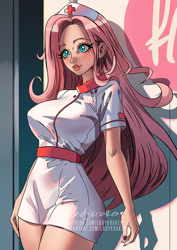 Size: 636x900 | Tagged: safe, artist:ladykraken, part of a set, fluttershy, human, g4, blushing, female, humanized, nurse outfit, solo