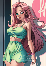 Size: 636x900 | Tagged: safe, artist:ladykraken, part of a set, fluttershy, human, g4, blushing, clothes, female, humanized, skirt, solo