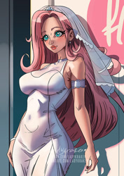 Size: 636x900 | Tagged: safe, artist:ladykraken, part of a set, fluttershy, human, g4, blushing, breasts, busty fluttershy, clothes, dress, female, humanized, solo, wedding dress