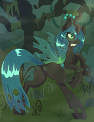 Size: 1687x2184 | Tagged: safe, alternate version, artist:annuthecatgirl, queen chrysalis, changeling, changeling queen, g4, blushing, bugbutt, butt, butt blush, chrysalass, green blush, holes in wings, outdoors, photo, plot, solo