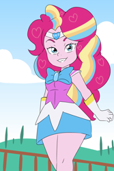 Size: 1200x1800 | Tagged: safe, artist:lirudraw, pinkie pie, human, equestria girls, g4, clothes, cute, diapinkes, female, gloves, grin, outdoors, rainbow power, rainbow power-ified, sailor moon (series), sailor uniform, smiling, solo, star guardian, uniform