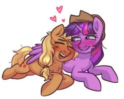 Size: 2500x2000 | Tagged: safe, artist:zigmeow, applejack, twilight sparkle, alicorn, earth pony, pony, g4, blushing, duo, duo female, female, lesbian, ship:twijack, shipping, simple background, snuggling, transparent background, twilight sparkle (alicorn), wing blanket, winghug, wings