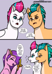 Size: 2894x4093 | Tagged: safe, artist:jcosneverexisted, hitch trailblazer, pipp petals, zipp storm, earth pony, pegasus, pony, g5, cellphone, comic, crying, dialogue, female, filter, implied sparky sparkeroni, lantern jaw of justice, laughing, male, mewing, phone, pipp being pipp, ship:stormblazer, shipping, simple background, smartphone, speech bubble, straight, tears of laughter, trio