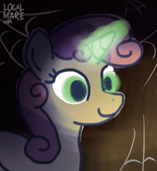 Size: 1247x1356 | Tagged: safe, artist:localmare, sweetie belle, pony, unicorn, g4, digital art, glowing, glowing eyes, glowing horn, gradient background, halloween, holiday, horn, nightmare night, solo, spider web