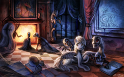 Size: 1200x750 | Tagged: safe, artist:ziom05, derpy hooves, pegasus, pony, spider, undead, derpy's and carrot top's journey, g4, bone, book, cape, clothes, female, fire, fireplace, indoors, mare, painting, skeleton, window