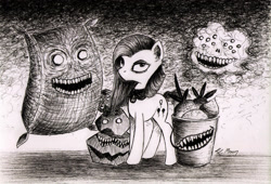 Size: 1760x1200 | Tagged: safe, artist:lailyren, madame leflour, mr. turnip, pinkie pie, rocky, sir lintsalot, earth pony, pony, g4, black and white, bucket, creepy, creepy smile, female, grayscale, looking at you, mare, monochrome, pinkamena diane pie, rock, sack, smiling, traditional art