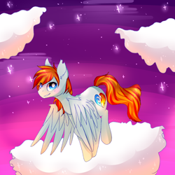 Size: 2000x2000 | Tagged: safe, artist:amiicommissions, oc, oc only, oc:heartfire, pegasus, pony, blushing, cloud, male, on a cloud, outdoors, sky, solo, stallion