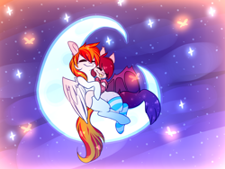 Size: 1600x1200 | Tagged: safe, artist:amiicommissions, oc, oc only, oc:dreamie, oc:heartfire, pegasus, pony, clothes, crescent moon, duo, female, male, mare, moon, socks, stallion, tangible heavenly object, thigh highs