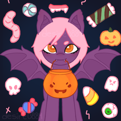 Size: 4000x4000 | Tagged: safe, artist:desire0884, oc, oc only, oc:sugar plum, bat pony, ghost, pegasus, pony, undead, bat costume, bat ears, bat wings, bone, bottom lashes, candies, candy, clothes, costume, dark background, food, front view, nightmare night, orange eyes, pink hair, pumpkin bucket, purple skin, short hair, skeleton, solo, wings