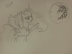 Size: 4032x3024 | Tagged: safe, artist:lnx1ynight16, princess luna, alicorn, pony, mlp fim's fourteenth anniversary, g4, horn, mare in the moon, moon, nightmare night, signature, smiling, solo, spread wings, traditional art, unicorn horn, wings