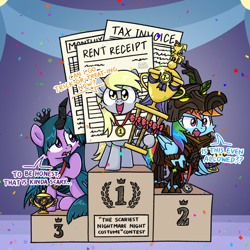 Size: 1174x1176 | Tagged: safe, artist:sugar morning, derpy hooves, rainbow dash, twilight sparkle, alicorn, pegasus, pony, mlp fim's fourteenth anniversary, g4, clothes, competition, confetti, contest, costume, dialogue, halloween, halloween 2024, halloween costume, happy, holiday, jewelry, medallion, necklace, nightmare night, paper, podium, ribbon, smiling, text, trophy, twilight sparkle (alicorn)