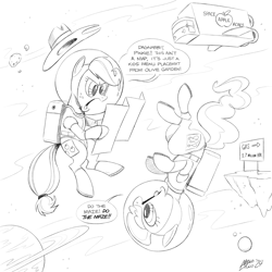 Size: 1800x1800 | Tagged: safe, artist:mellodillo, applejack, pinkie pie, earth pony, pony, g4, commission, dialogue, duo, duo female, female, floating, grayscale, mare, menu, monochrome, space, spaceship, spacesuit, speech bubble, upside down