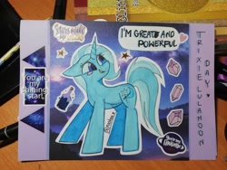 Size: 4160x3120 | Tagged: safe, artist:mashee, trixie, unicorn, g4, adorable face, blushing, crystal, cute, great and powerful, happy, horn, looking up, night, photo, standing, stars, sticker, traditional art, trixie day