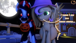 Size: 3840x2160 | Tagged: safe, artist:marshmallow-pone, oc, oc:timber, oc:vani, alicorn, pegasus, 3d, belly, big belly, nightmare night, oc x oc, outdoors, shipping, source filmmaker, zalgo