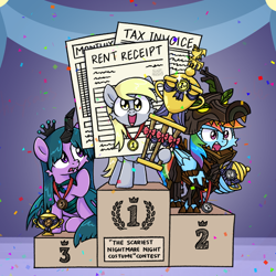 Size: 1174x1176 | Tagged: safe, alternate version, artist:sugar morning, derpy hooves, rainbow dash, twilight sparkle, alicorn, pegasus, pony, mlp fim's fourteenth anniversary, g4, clothes, competition, confetti, contest, costume, halloween, halloween 2024, halloween costume, happy, holiday, jewelry, medallion, necklace, nightmare night, paper, podium, ribbon, smiling, textless, timber wolf costume, trophy, twilight sparkle (alicorn)