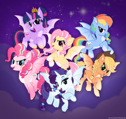 Size: 2420x2295 | Tagged: safe, artist:lovinglypromise, applejack, fluttershy, pinkie pie, rainbow dash, rarity, twilight sparkle, alicorn, bat pony, bat pony alicorn, earth pony, pegasus, pony, unicorn, g4, >:d, alternate cutie mark, alternate eye color, applebat, bat ponified, bat six, bat wings, beauty mark, braid, braided pigtails, butt fluff, chest fluff, claws, cloven hooves, coat markings, colored hooves, colored wings, dark belly, ear fluff, ear tufts, evil smile, facial markings, fangs, flutterbat, flying, gradient ears, gradient legs, gradient wings, grin, group, hair bun, halloween, halloween 2024, holiday, hooves, horn, leg fluff, looking at you, mane six, night, night sky, open mouth, open smile, pale belly, pigtails, pinkiebat, race swap, rainbowbat, raribat, sextet, sky, smiling, socks (coat markings), spooky, spread wings, stripe (coat marking), tail, tied mane, tied tail, twibat, twilight sparkle (alicorn), twilight's crown, wing claws, wings