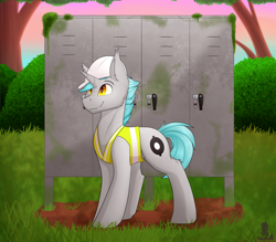 Size: 4000x3500 | Tagged: safe, artist:decemberbreeze, oc, oc only, oc:lunar signal, bat pony, bat pony unicorn, hybrid, unicorn, bat pony oc, clothes, gray coat, hard hat, hat, horn, railroad, railroad relay case, relay case, safety vest, standing, unicorn oc, yellow eyes