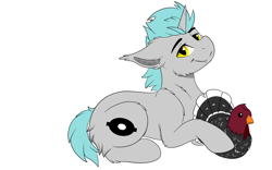 Size: 4000x2500 | Tagged: safe, artist:decemberbreeze, oc, oc:lunar signal, bat pony, bat pony unicorn, bird, hybrid, turkey, unicorn, bat pony oc, commission, cute, fangs, floppy ears, gray coat, horn, looking at you, lying down, plushie, prone, simple background, smiling, transparent background, turkey plush, unicorn oc, ych result, yellow eyes