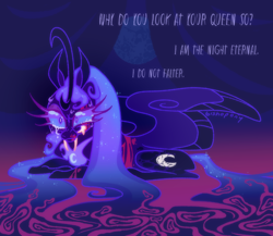 Size: 2300x2000 | Tagged: safe, artist:bishopony, nightmare moon, alicorn, pony, g4, bad end, blood, colored wings, colored wingtips, crying, ethereal mane, fangs, female, grin, high res, long eyelashes, long mane, long tail, looking at you, lying down, mare, mare in the moon, moon, partially open wings, prone, sanity slippage, signature, smiling, smiling at you, solo, starry mane, tail, talking to viewer, wings