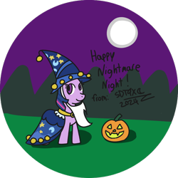 Size: 768x768 | Tagged: safe, artist:sdtwilan9x, twilight sparkle, pony, unicorn, mlp fim's fourteenth anniversary, g4, clothes, costume, female, halloween, holiday, jack-o-lantern, mare, moon, night, nightmare night, nightmare night costume, partially transparent background, pumpkin, signature, solo, star swirl the bearded costume, text, unicorn twilight