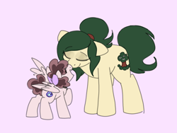 Size: 1200x900 | Tagged: safe, artist:php193, oc, oc only, oc:myrtle remedy, oc:raevyn, earth pony, pegasus, boop, bow, cute, duo, duo female, excited, female, hair bow, happy, mare, noseboop, pink background, simple background, size difference, wholesome