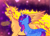 Size: 2503x1796 | Tagged: safe, artist:dapperlilarts, misty brightdawn, sunset shimmer, alicorn, pony, g4, g5, alicornified, chest fluff, dialogue, duo, duo female, ear piercing, female, generational ponidox, height difference, horn, mare, mistycorn, older sunset shimmer, open mouth, open smile, piercing, race swap, rebirth misty, scratches, shimmercorn, smiling, spread wings, starry background, stars, sweat, tail, wings