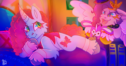 Size: 1680x880 | Tagged: safe, artist:movie95, misty brightdawn, pipp petals, bunnycorn, pegasus, pony, unicorn, g5, my little pony: make your mark, my little pony: make your mark chapter 5, nightmare on mane street, bed, bowtie, cape, clothes, costume, crystal brighthouse, diadem, duo, duo female, female, floppy ears, freckles, hat, horn, indoors, jewelry, lying down, magician outfit, mare, misty's comfort bunnycorn, nightmare night costume, open mouth, open smile, pillow, plushie, prone, rebirth misty, regalia, scene interpretation, signature, smiling, the great and powerful misty, top hat, unshorn fetlocks, witch costume, witch hat, witch petals