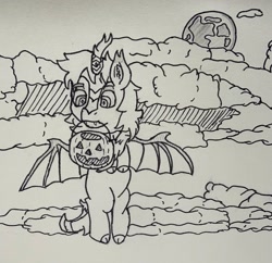 Size: 2161x2094 | Tagged: safe, artist:supersonicrainboom, oc, oc only, oc:charred flare, bat pony, hybrid, kirin, pony, winged kirin, mlp fim's fourteenth anniversary, bat pony kirin, cloud, cloven hooves, ear fluff, flying, leonine tail, male, moon, mouth hold, pumpkin bucket, solo, spread wings, tail, wings