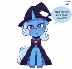 Size: 2048x1950 | Tagged: safe, artist:eltrash_art6, trixie, pony, unicorn, g4, blushing, cape, clothes, female, halloween, hat, holiday, horn, mare, nightmare night, open mouth, question, simple background, sitting, solo, spanish, white background, white pupils, witch, witch hat